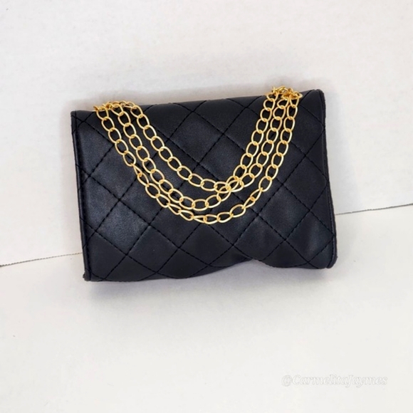 Black & Gold 👜 Mini Handbag Quilted Lock Crossbody Purse Gold Multi-Chain - Picture 7 of 8